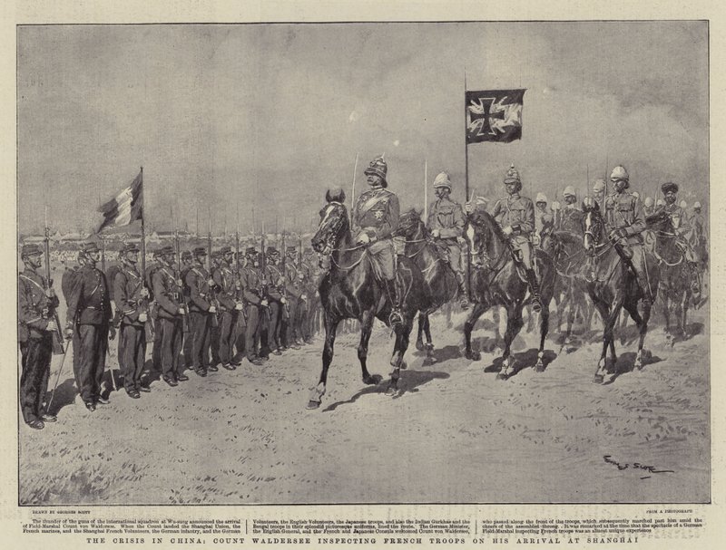 A Crise na China, Conde Waldersee inspecionando tropas francesas em sua chegada a Xangai de Georges Bertin Scott