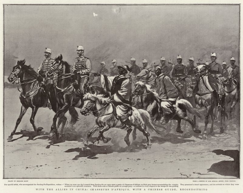 Com os aliados na China, Chasseurs d&39;Afrique, com um guia chinês, reconhecendo de Georges Bertin Scott