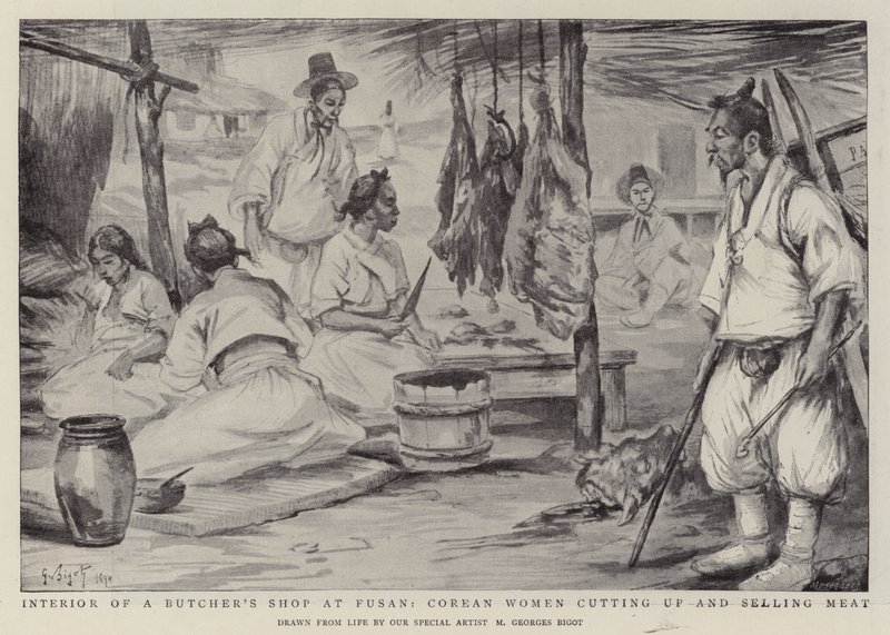 Interior de um açougue em Fusan, Corean Women cortando e vendendo Meat de Georges Ferdinand Bigot