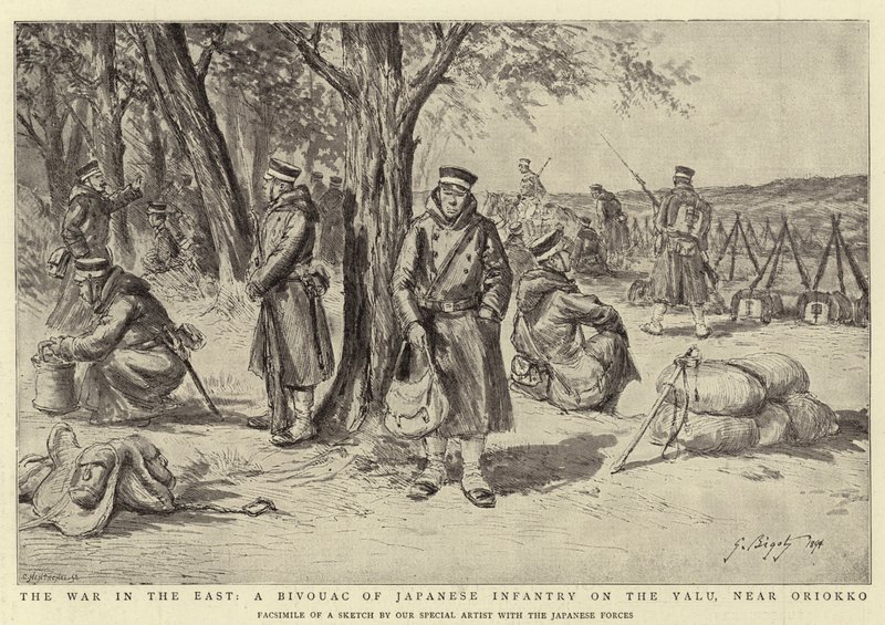 A guerra no leste, um bivouac da infantaria japonesa no Yalu, perto de Oriokko de Georges Ferdinand Bigot