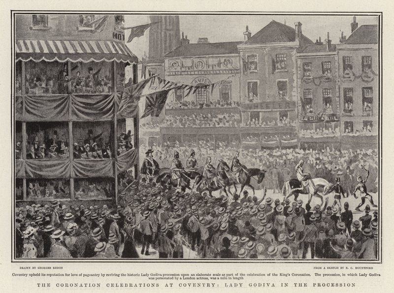 As celebrações da coroação em Coventry, Lady Godiva no litho da procissão de Georges Redon