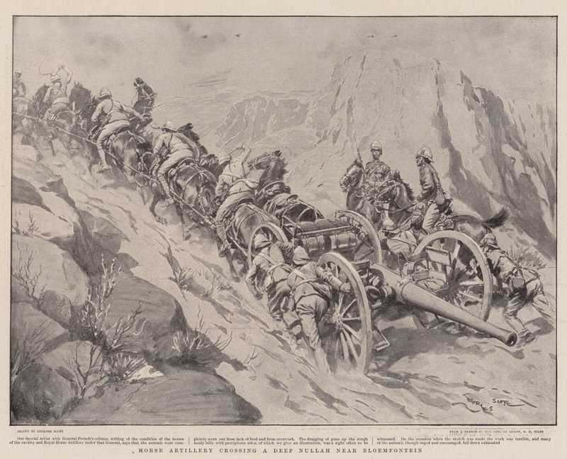 Artilharia a cavalo cruzando um Nullah profundo perto de Bloemfontein de Georges Bertin Scott