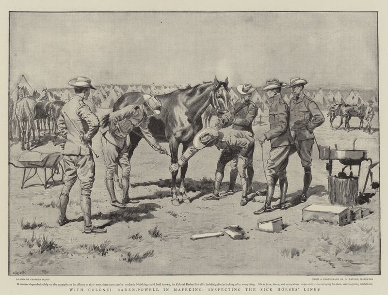 Com o coronel Baden-Powell em Mafeking, inspecionando as linhas dos cavalos doentes de Georges Bertin Scott