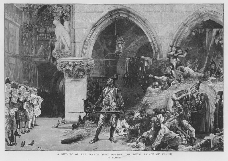 Soldados franceses acampados à porta do Palácio Doge em Veneza, Guerras Revolucionárias Francesas de Georges Clairin
