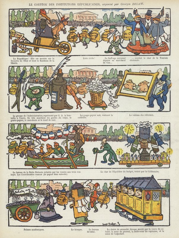 Procissão de instituições republicanas. Ilustração para Le Rire de Georges Delaw