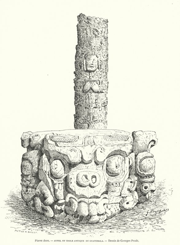 Altar e ídolo maia de pedra talhada da Guatemala (gravura) de Georges Ernest Profit