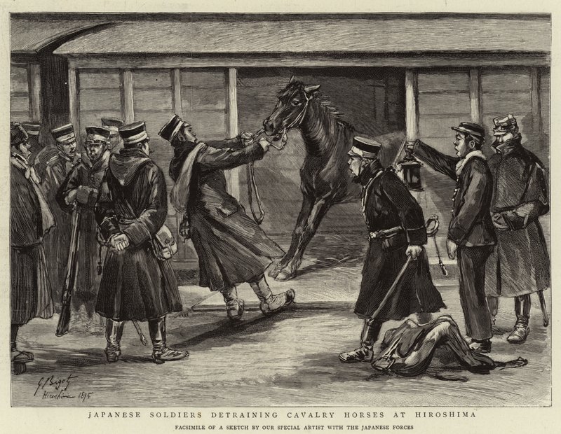 Soldados japoneses destreinando cavalos de cavalaria em Hiroshima de Georges Ferdinand Bigot