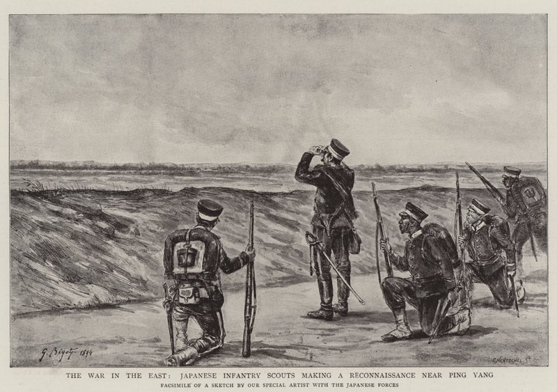 A Guerra no Oriente, Escoteiros de Infantaria Japonesa fazendo um Reconhecimento perto de Ping Yang de Georges Ferdinand Bigot