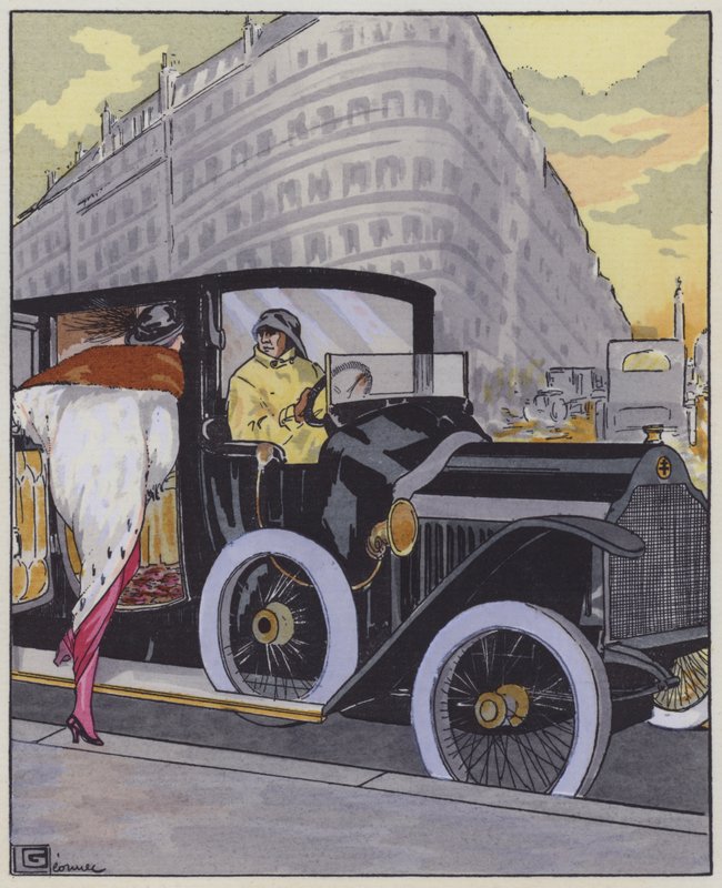 A moda feminina dos anos 1910 e um carro Lorraine-Dietrich. (cor litho) de Georges Leonnec