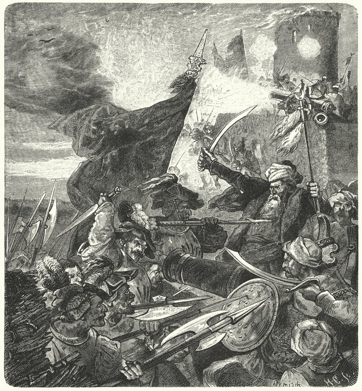 Húngaros lutando contra os turcos em Szekesfehervar, 1593 de German School