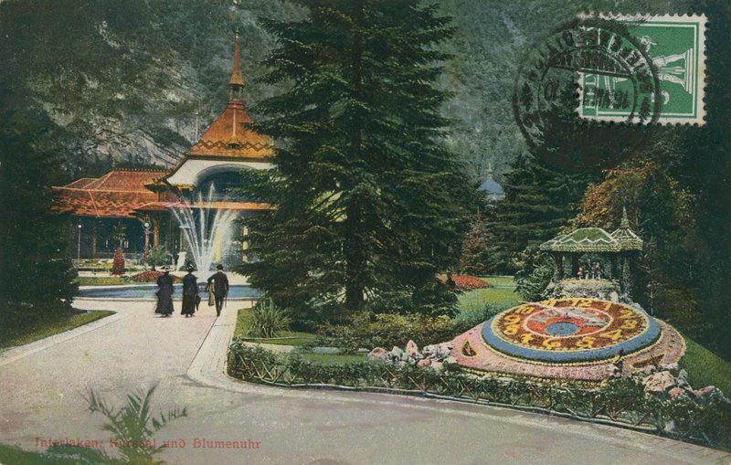 Interlaken, Kursaal e relógio de flores. Postal enviado em 16 de agosto de 1913. de German Photographer