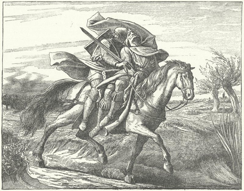 Um cavaleiro alemão carregando Valdemar II da Dinamarca para a segurança após sua derrota na Batalha de Bornhoved de German School