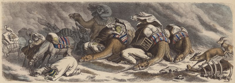 Uma caravana apanhada numa tempestade de areia no Saara (gravura colorida) de German School