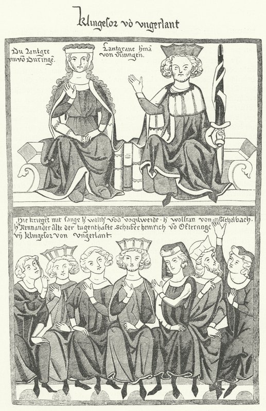 Uma representação do Sangerkrieg, um concurso entre trovadores no castelo de Wartburg, na Turíngia, em 1207, do Codex Manesse (gravura) de German School