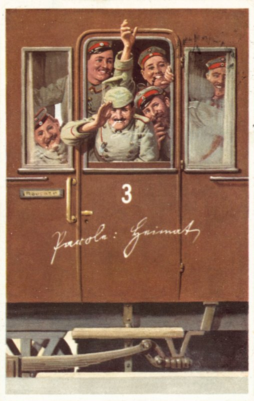 Um grupo de soldados alemães da Primeira Guerra Mundial acenando de uma carruagem ferroviária (cor litho) de German School