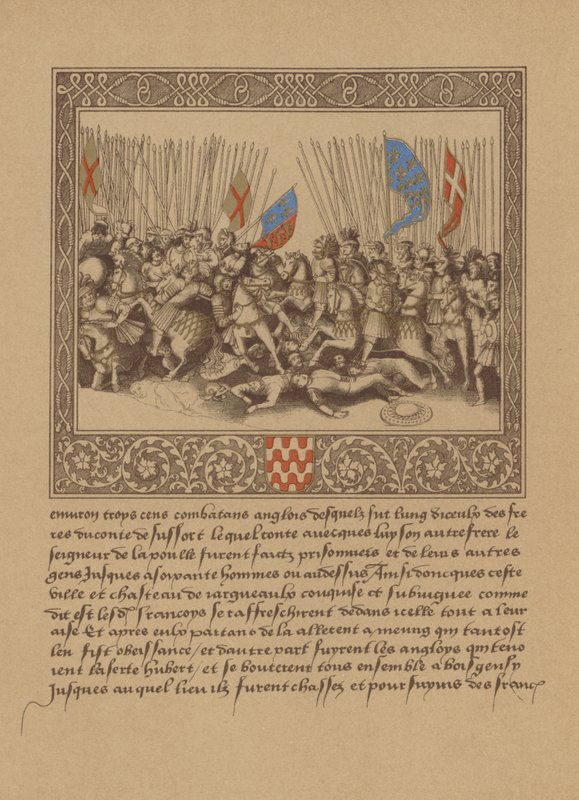 Uma página de um manuscrito francês do século XVI retratando uma cena de Crônicas de Froissarts de German School
