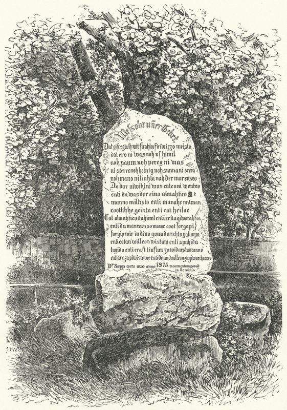 Uma pastilha de pedra mostrando A Oração de Wessobrunn (gravura) de German School