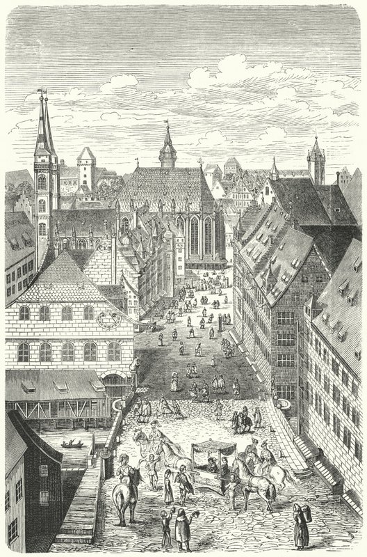 Uma rua em Nuremberga no século XV (gravura) de German School