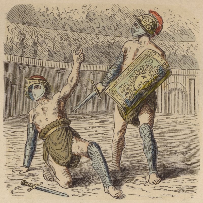 Um gladiador romano ferido implorando à multidão pela sua vida (gravura colorida) de German School