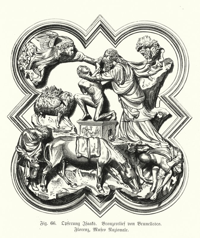 Abraão oferece o seu filho Isaac para sacrifício, relevo em bronze de Filippo Brunelleschi (gravura) de German School