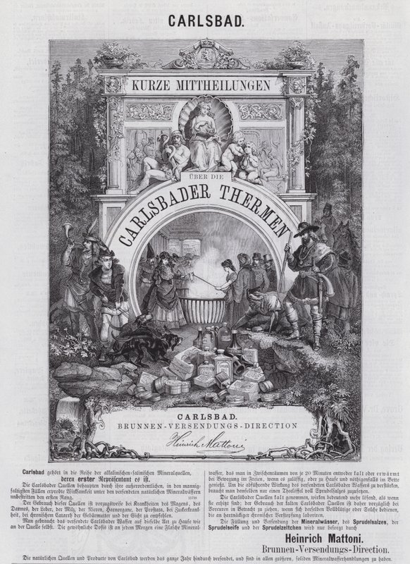 Anúncio para água mineral Mattoni e outros produtos do spa em Carlsbad (Karlovy Vary), Bohemia (gravura) de German School