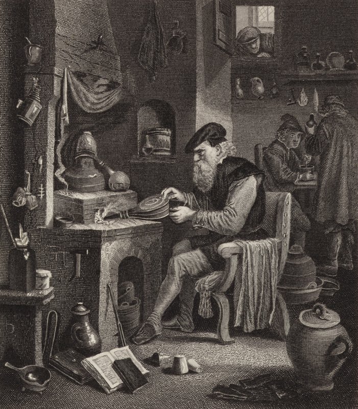 Alquimista a trabalhar. Ilustração para Bilder-Atlas (gravura) de German School