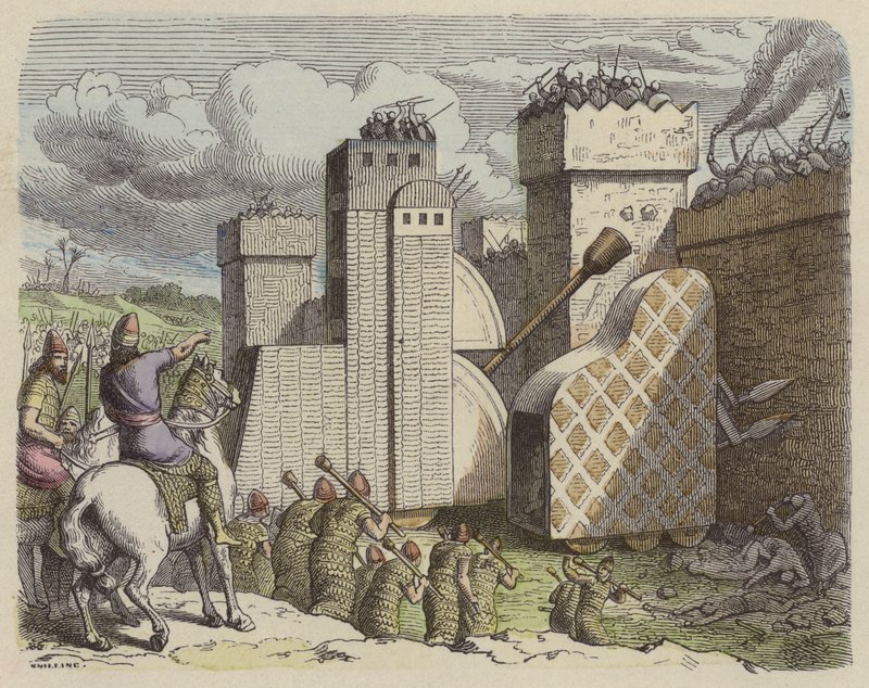 Um exército assírio sitiando uma cidade (gravura colorida) de German School
