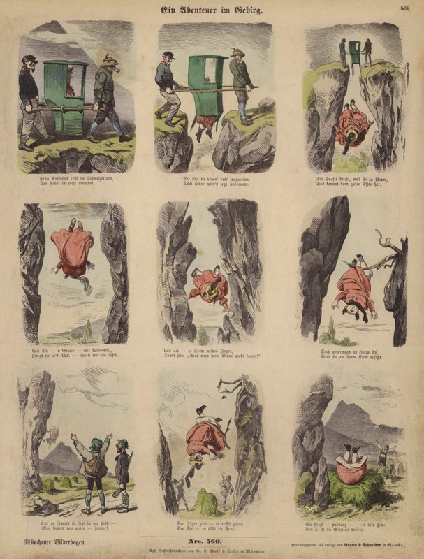 Uma aventura nas montanhas (gravura colorida) de German School