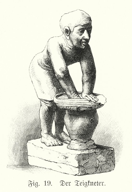 Antiga figura egípcia de um homem que mistura massa (gravura) de German School