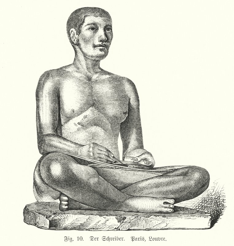 Antiga figura egípcia de um escriba sentado (gravura) de German School