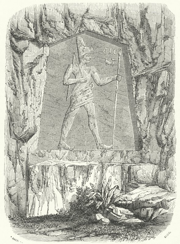 Antigo relevo egípcio pensado para retratar o Faraó Sesostris ou Ramesses II (gravura) de German School
