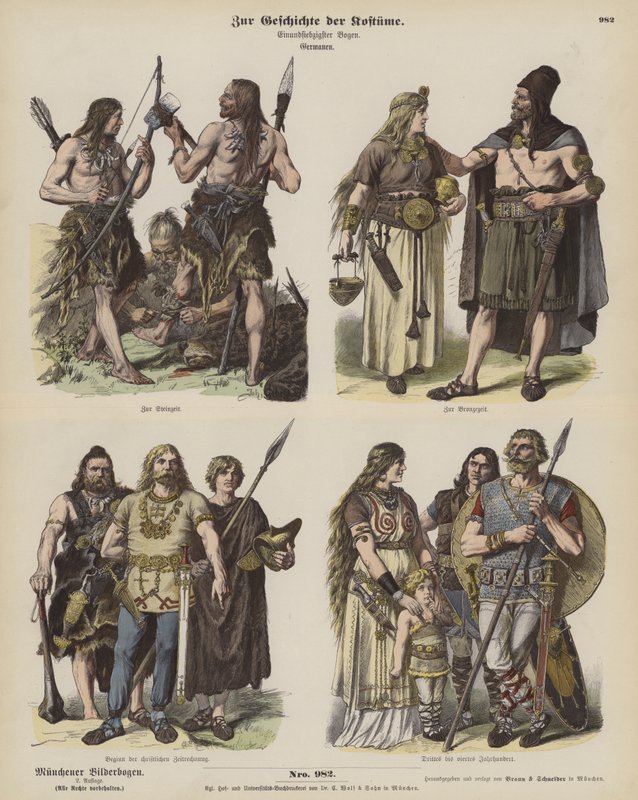 Antigos trajes germânicos (gravura colorida) de German School