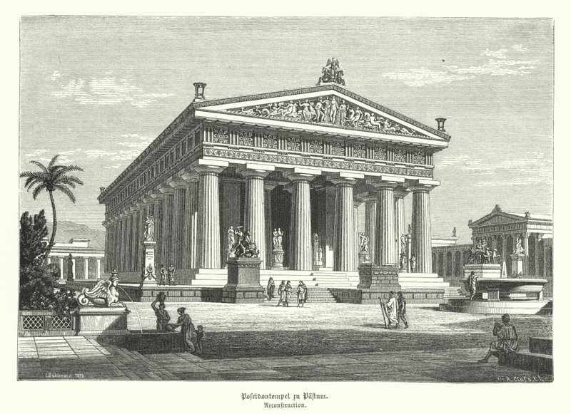Antigo Templo Grego de Hera, Paestum, Itália, antes erroneamente pensado como tendo sido dedicado a Poseidon (gravura) de German School