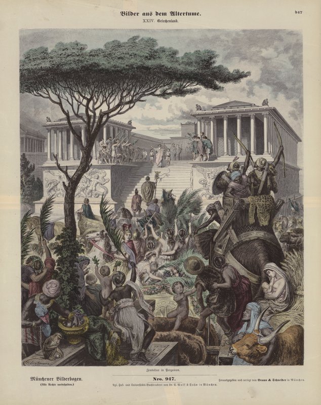 Antigo altar grego na cidade de Pergamon, Ásia Menor (gravura colorida) de German School