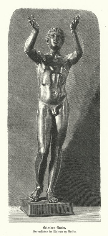Antiga estátua grega em bronze de um rapaz a rezar (gravura) de German School