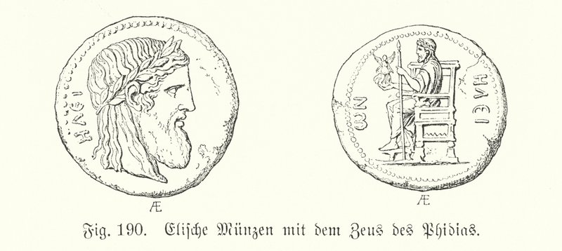 Moedas gregas antigas de Elis com imagens do Zeus de Phidias (gravura) de German School