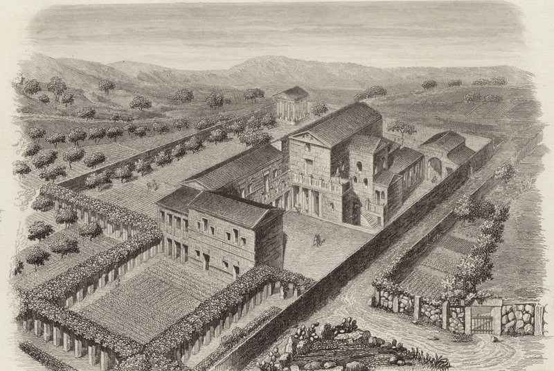 Antiga casa de campo grega em Al-Barah, Síria. Ilustração para Bilder-Atlas (gravura) de German School