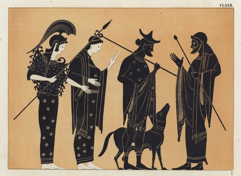 Figuras gregas antigas, incluindo Athena, com cachorro de German School