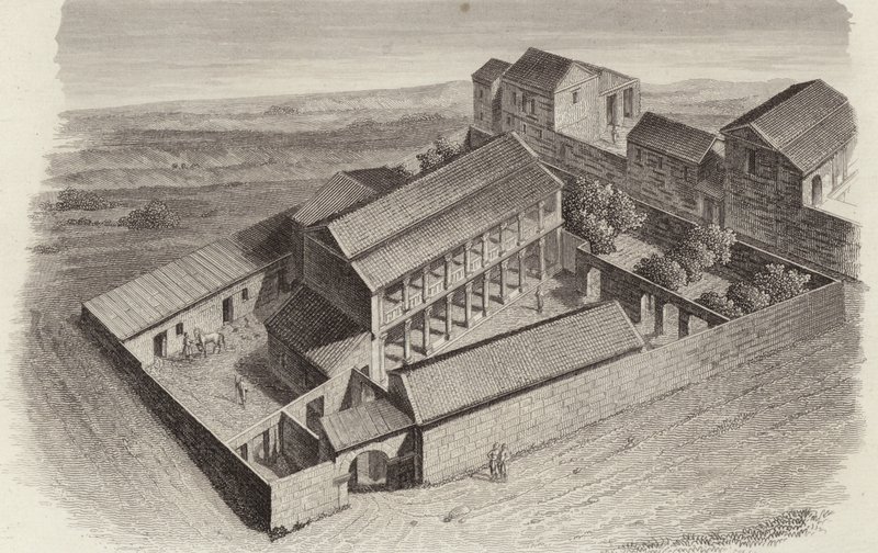 Casas gregas antigas em Moudleja, Síria. Ilustração para Bilder-Atlas (gravura) de German School