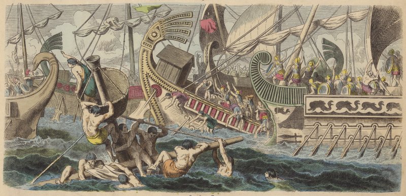 Ancient Greek sea battle (gravura colorida) de German School
