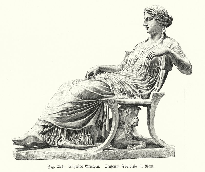 Antiga estátua grega de uma mulher sentada (gravura) de German School