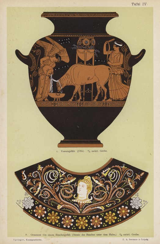 Antigo frasco de armazenamento grego e ornamento de um incensário (cor litho) de German School
