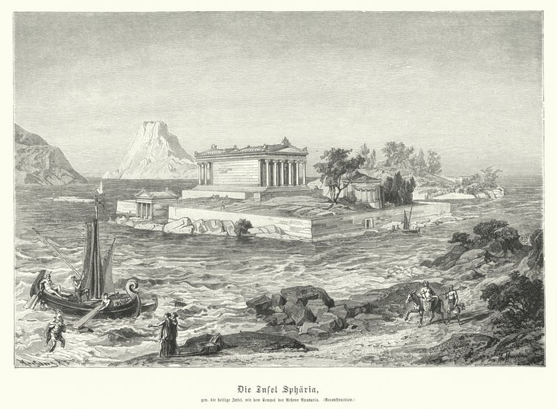 Antigo templo grego de Atena Apaturia na ilha de Sphairia (gravura) de German School