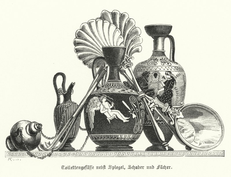 Recipientes de toucador gregos antigos juntamente com um espelho, raspadores e ventiladores (gravura) de German School