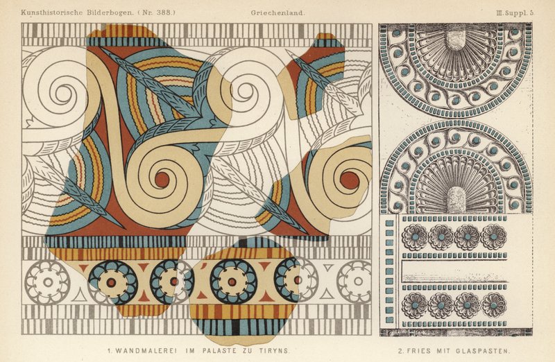 Antiga pintura de parede grega de um palácio em Tiryns e friso com decoração de pasta de vidro (cor litho) de German School