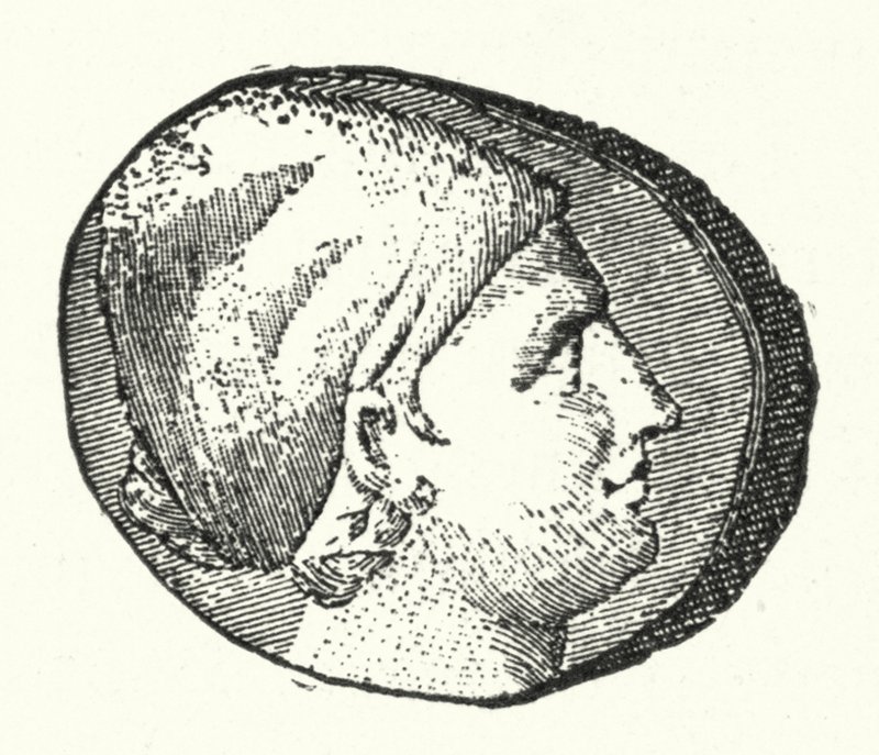 Moeda antiga mostrando a cabeça do poeta grego Antigo Sappho (gravura) de German School