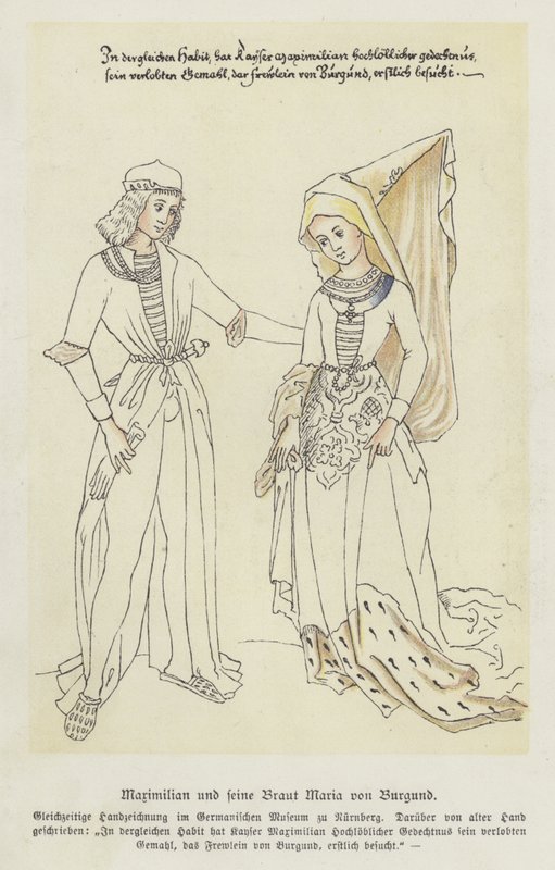 Arquiduque Maximiliano da Áustria e sua noiva, Mary of Burgundy (cor litho) de German School