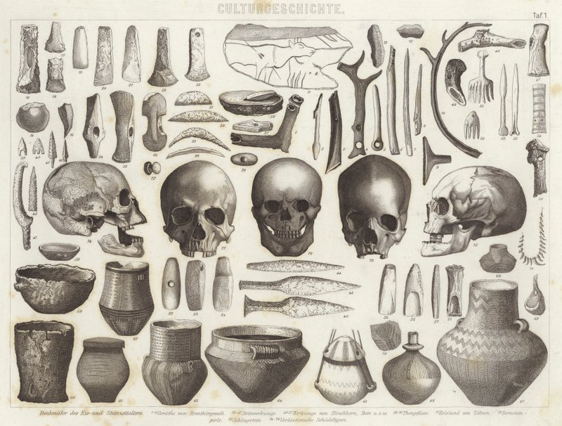 Artefactos da Idade do Gelo e da Pedra. Ilustração para Bilder-Atlas (gravura) de German School