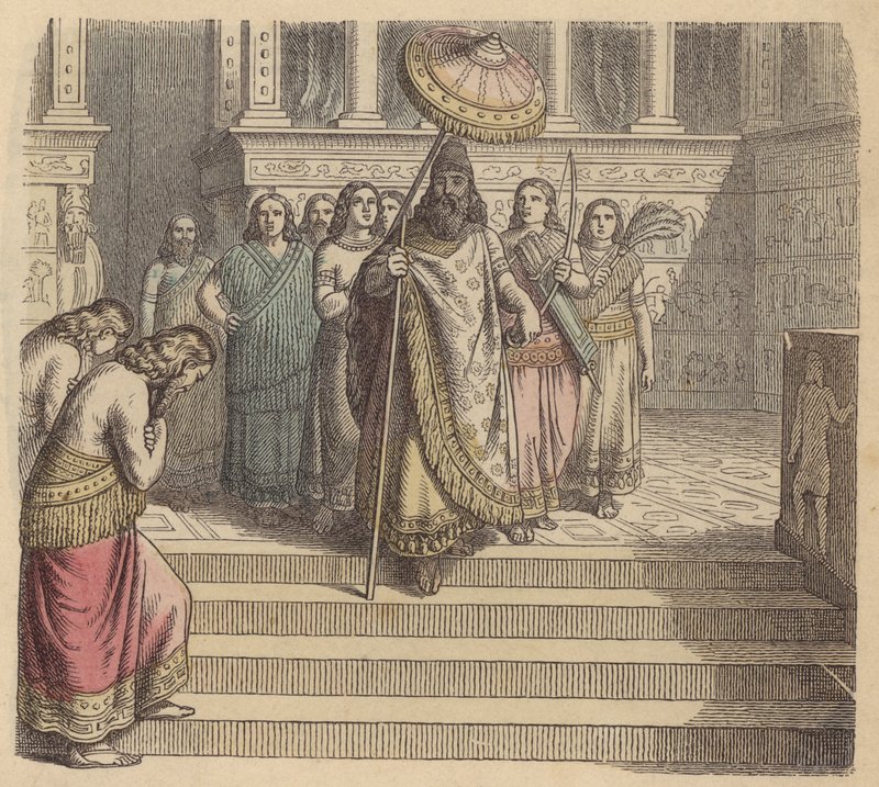 Rei assírio e sua comitiva (gravura colorida) de German School