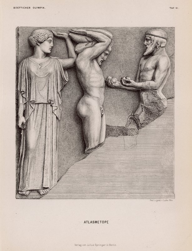 Atlas trazendo Heracles as Maçãs das Hespérides na presença de Atena, metopo do Templo de Zeus, Olímpia, Grécia (gravura) de German School